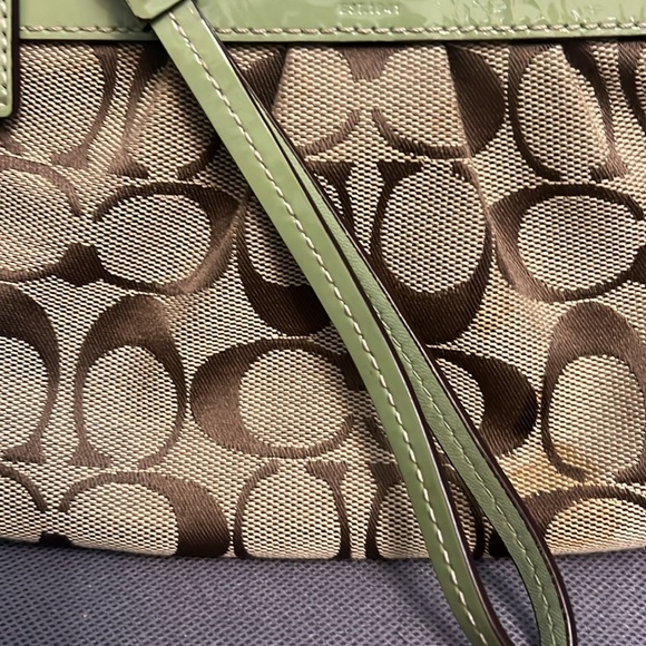 Coach signature brown, green leather trim wristlet - Picture 3 of 15